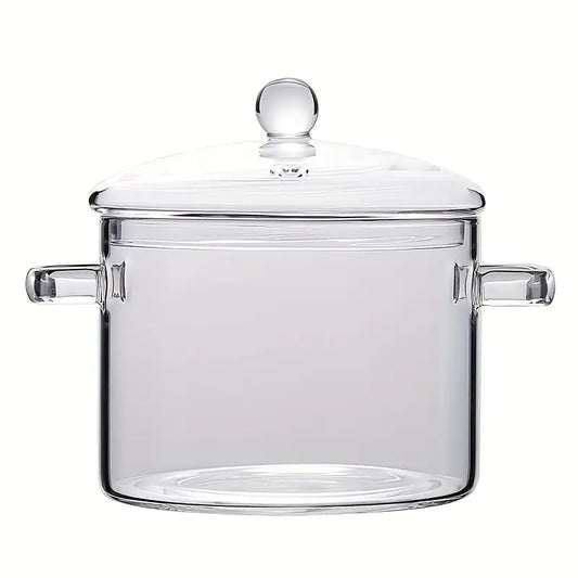 Glas-Kochtopf mit Deckel, transparent, hitzebeständig, ideal für Suppen und Eintöpfe.