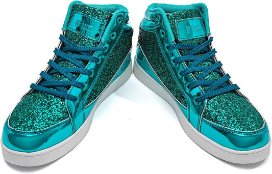 Türkis glitzernde High-Top-Sneaker, modisch, glänzend, für Damen, Freizeitmode.