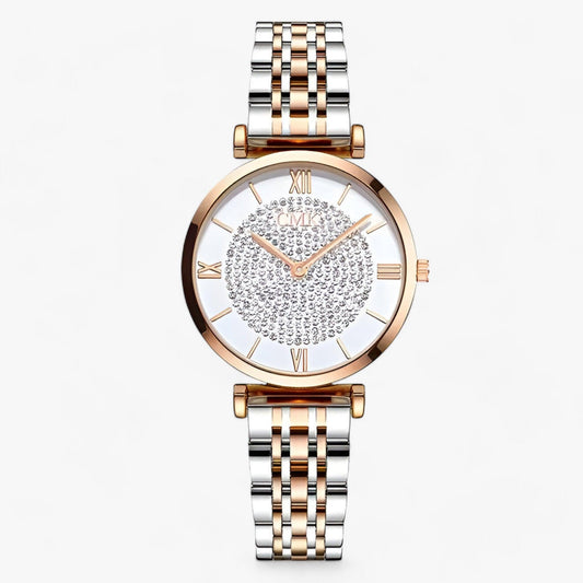 Luxus-Damenarmbanduhr, zweifarbig, Edelstahl, Strass, römische Ziffern, elegantes Design.