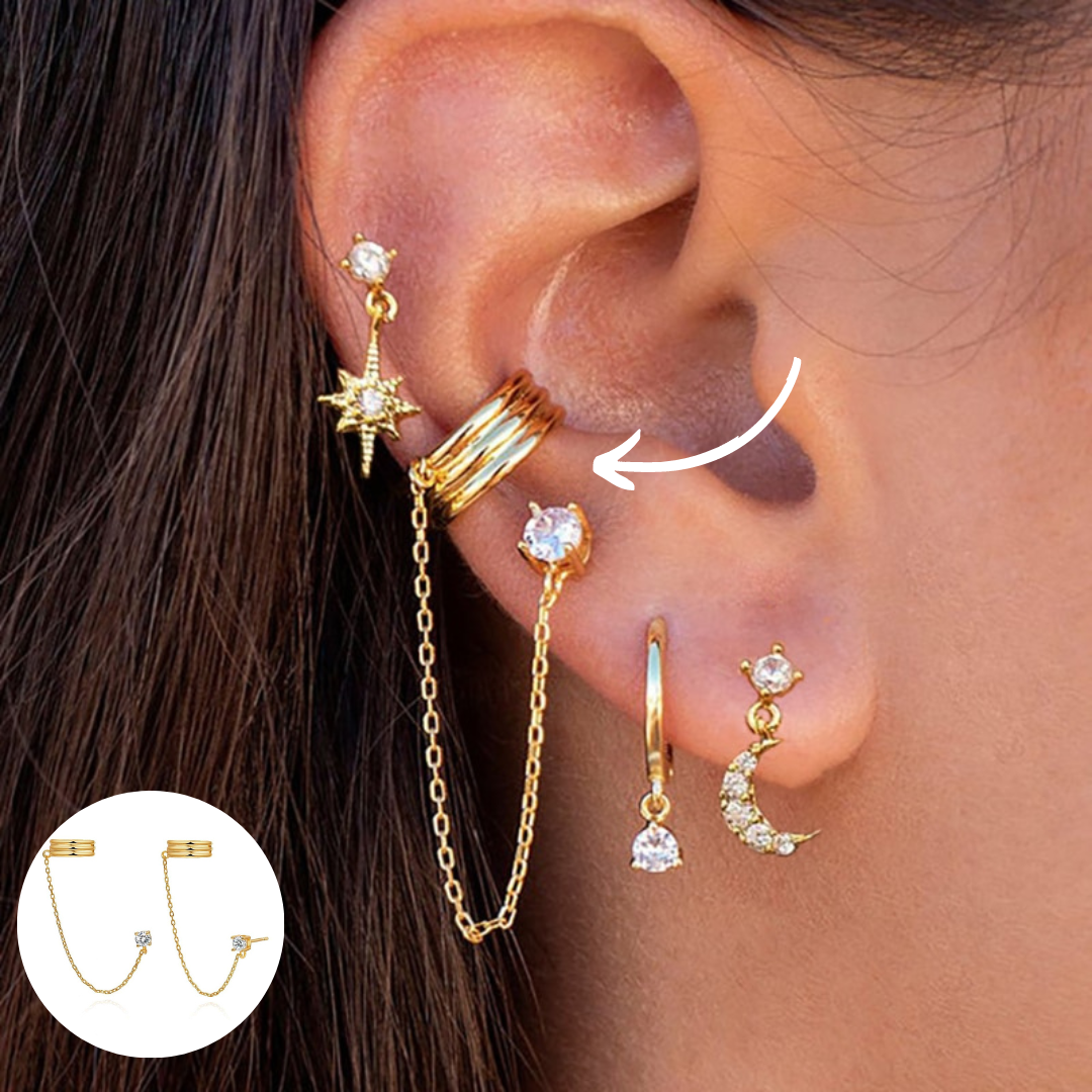 Goldene Ohrmanschette mit Kette und Sternanhänger, modischer Ohrschmuck für Damen.
