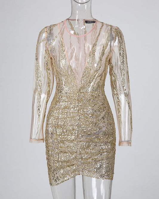 Goldenes Paillettenkleid, transparent, langärmelig, V-Ausschnitt, Partykleid, Damenmode.