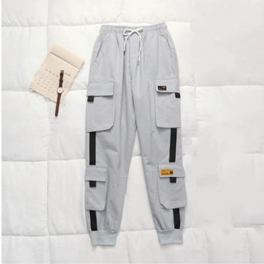 Graue Cargohose mit Taschen, Kordelzug, Baumwolle, Herrenmode, lässig, Streetwear.