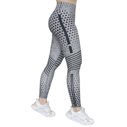 Graue Damen-Leggings mit geometrischem Muster, elastisch, ideal für Sport und Freizeit.