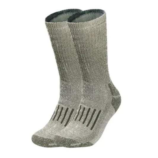 Graue Thermosocken aus Wolle, atmungsaktiv und warm, ideal für Outdoor-Aktivitäten.