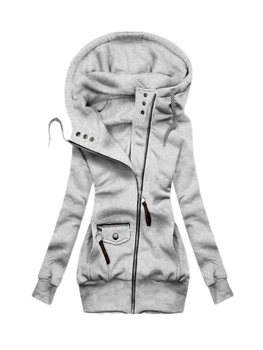 Grauer Damen-Hoodie mit Reißverschluss, Kapuze und Taschen, Baumwolle, modisch, bequem.