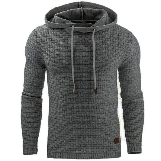 Grauer Strickpullover mit Kapuze, Herrenmode, warm, stilvoll, Winterbekleidung, Freizeitlook.