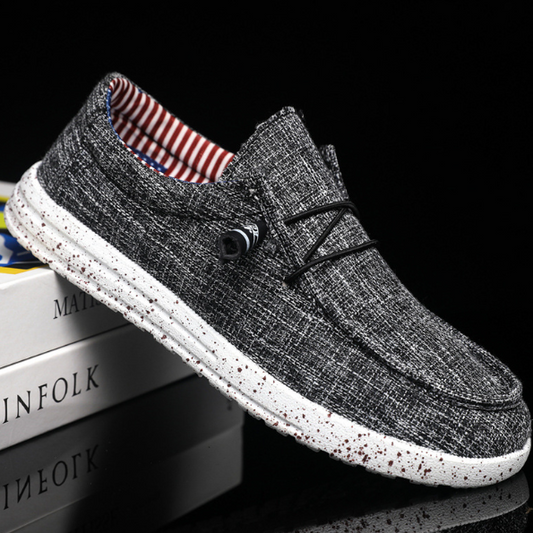 Grauer Herren-Sneaker, Leinenstoff, rutschfeste Sohle, modisch, bequem, Freizeit.