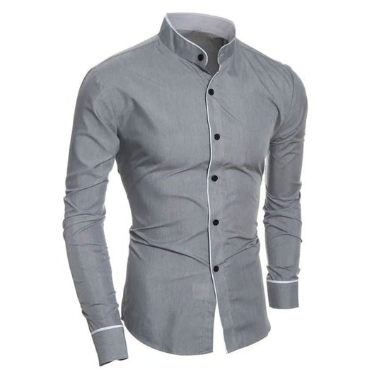 Graues Herrenhemd mit Stehkragen, Slim Fit, Knopfleiste, elegantes Design, Baumwolle.