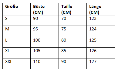 Größentabelle für Kleidung: Büste, Taille, Länge in cm für Größen S bis XXL.