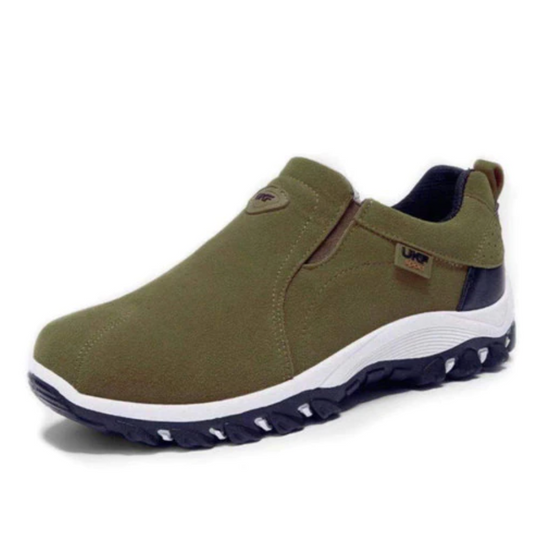 Olivgrüner Herren-Sneaker, rutschfest, atmungsaktiv, für Outdoor-Aktivitäten.