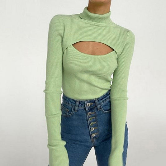 Damen Pullover, hellgrün, Rollkragen, Cut-Out-Design, langärmelig, modisch, elegant.