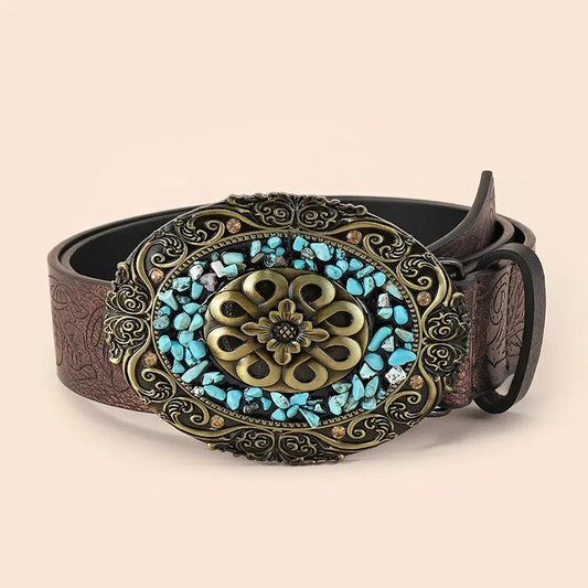 Brauner Ledergürtel mit antiker Schnalle, türkisfarbene Steine, Vintage-Design, Herrenmode.