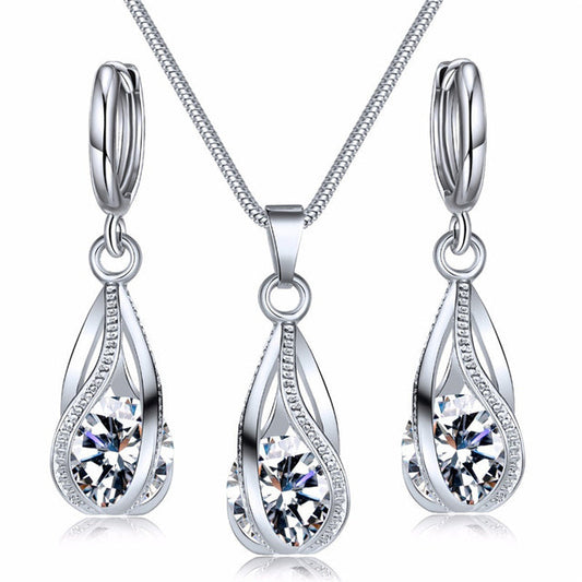 Silberne Zirkonia Halskette und Ohrringe Set, eleganter Kristallschmuck für Frauen Hochzeit.