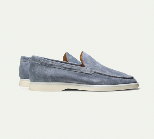 Graue Herren-Lederloafer, Wildleder, rutschfeste Sohle, elegantes Design.