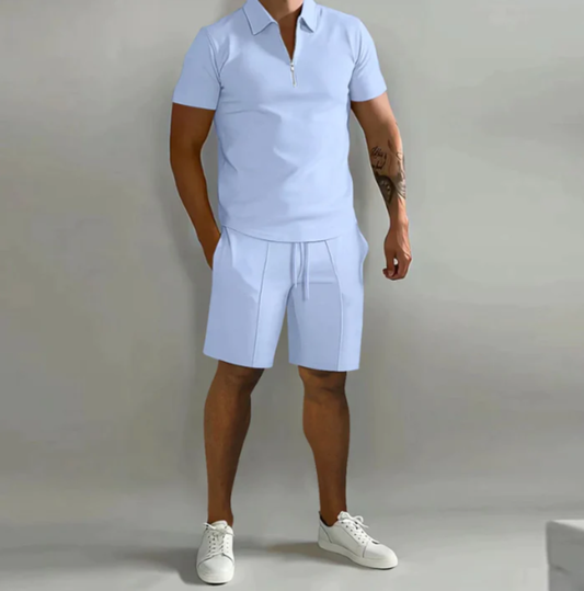Herren Sportset Sommer | Polo Reißverschluss Shorts | atmungsaktiv bequem modern-Hellblau-S-Luzern Mode
