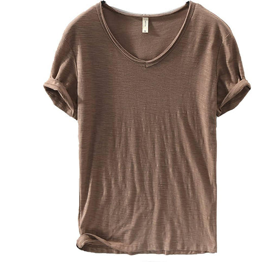 Leinen Shirt Herren | V-Ausschnitt Sommerhemd | Leicht | Atmungsaktiv Baumwolle-Braun-M-Luzern Mode