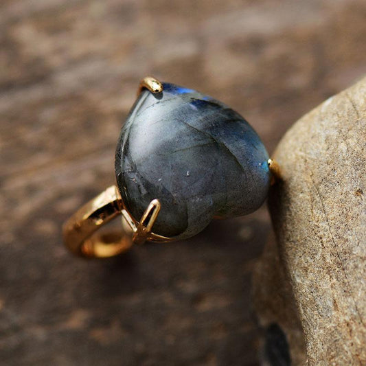 Herzförmiger Labradorit-Ring, verstellbar, Goldfassung, Schmuck für Hochzeit und Party.