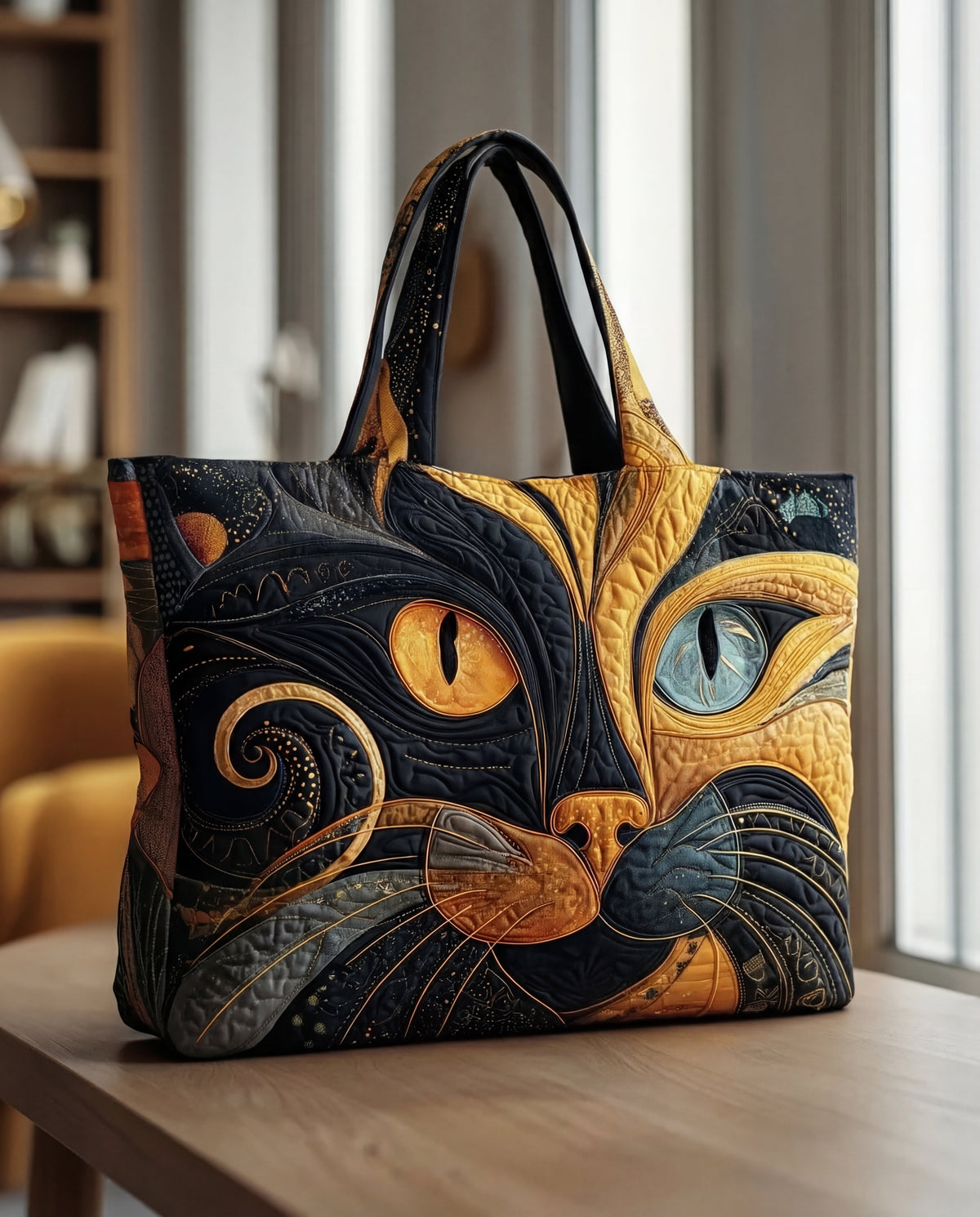 Gesteppte Tasche mit großem, stilisiertem Katzengesicht in Schwarz und Gelb, ein Auge orange, eins blau, auf einem Holztisch vor einem Fenster. 1