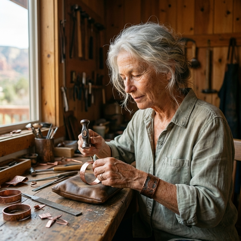 Handwerkerin mit grauem Haar formt in ihrer Werkstatt mit einem Hammer ein Kupferarmband auf einem Lederkissen, Werkzeuge hängen an der Holzwand. 5