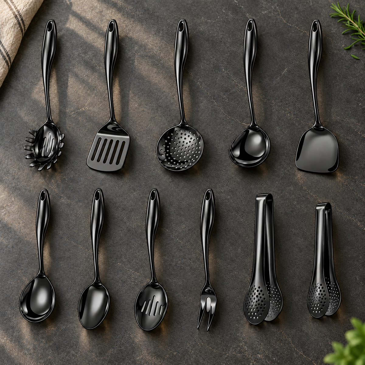Zehnteiliges schwarzes Set mit zwei Zangen auf dunklem Stein, von Sonnenlicht gestreift, mit Kräutern und gestreiftem Leinentuch. 30