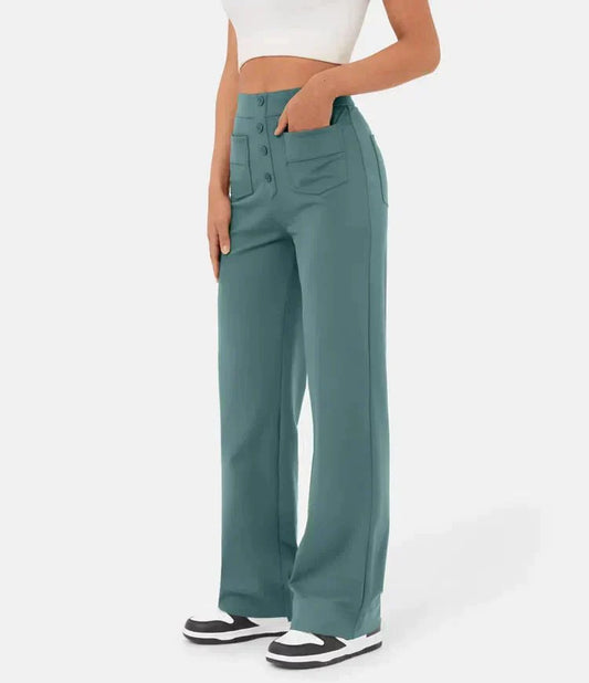 Damenhose hoch tailliert, elastisch, grün, casual, mit Taschen, ideal für Freizeitkleidung.