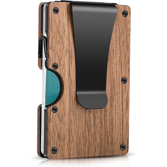 Minimalistisches Holz-Portemonnaie mit Geldklammer, RFID-Schutz, schlankes Design, Herrenaccessoire.