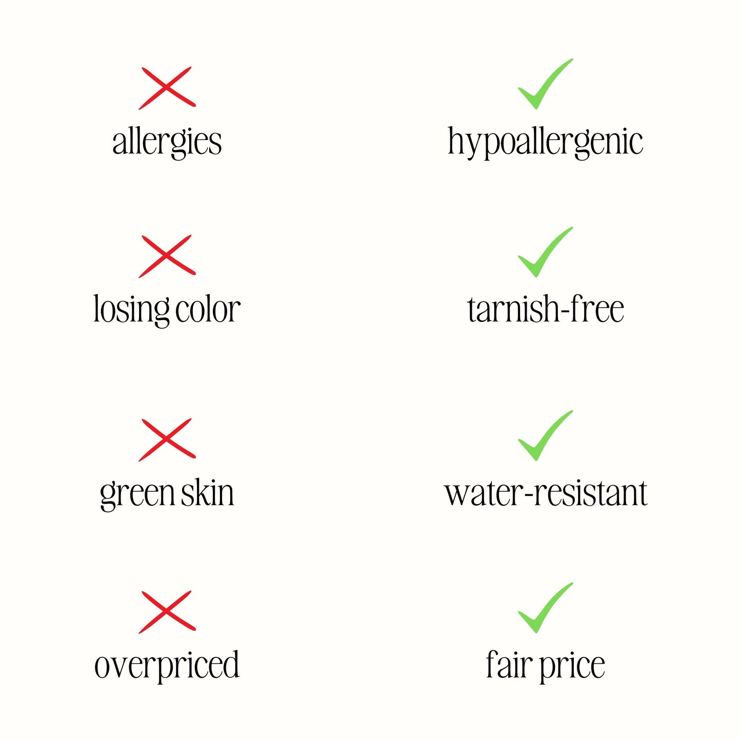 Hypoallergenischer, wasserfester Schmuck, anlaufgeschützt, fairer Preis, keine Allergien.