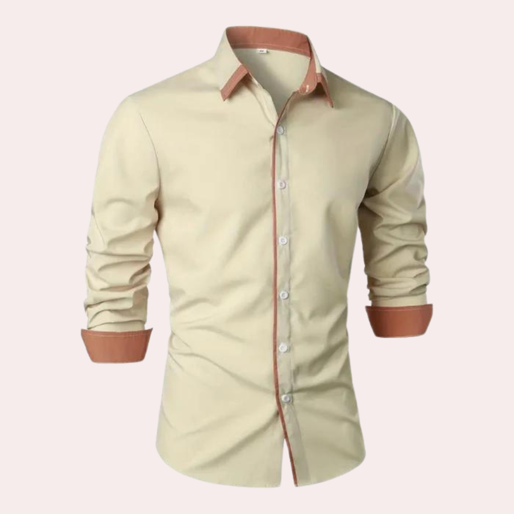 Khaki Herrenhemd mit braunem Kragen, Langarm, Knopfleiste, elegantes Design.