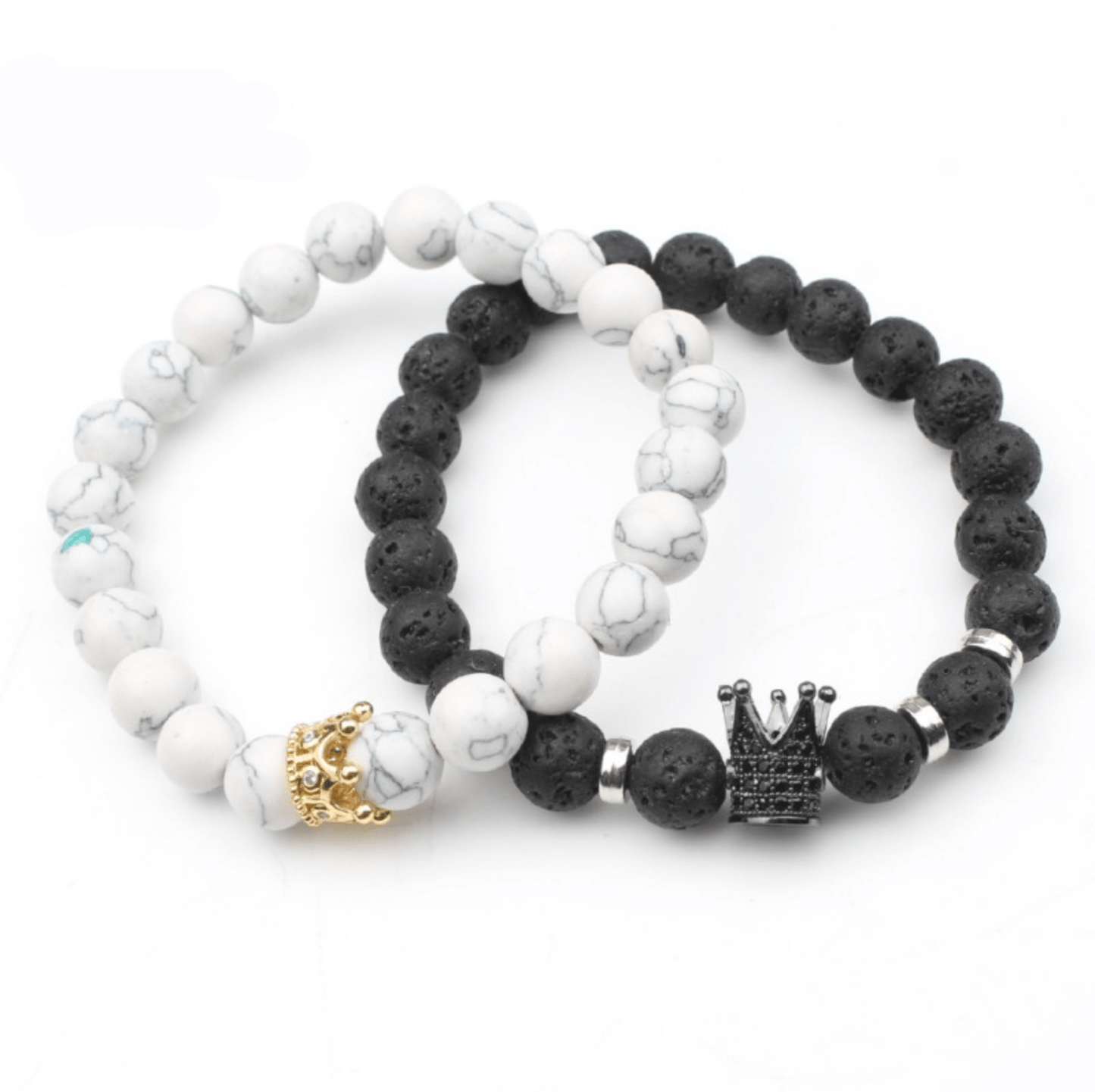 Schwarzes und weißes Partnerarmband-Set mit Krone, Obsidian und Howlith, Geschenkidee.