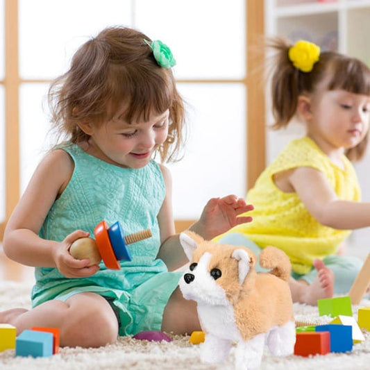 Zwei Mädchen spielen mit buntem Spielzeug und einem Plüschhund auf einem Teppich im Kinderzimmer.