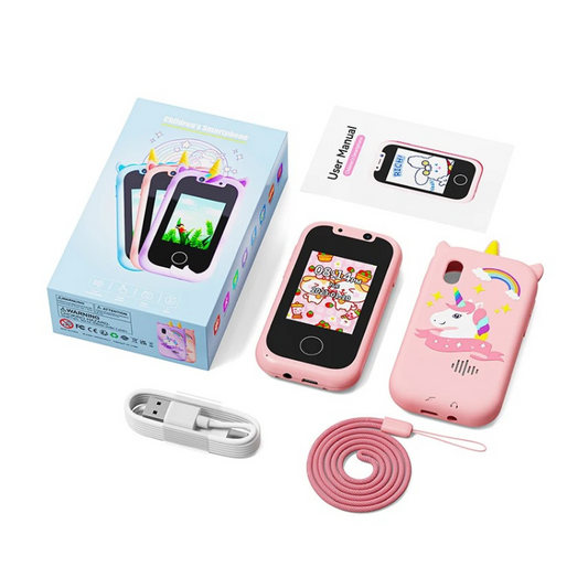 Rosa Kinderkamera mit Einhornmotiv, USB-Kabel, Benutzerhandbuch, Geschenkbox.