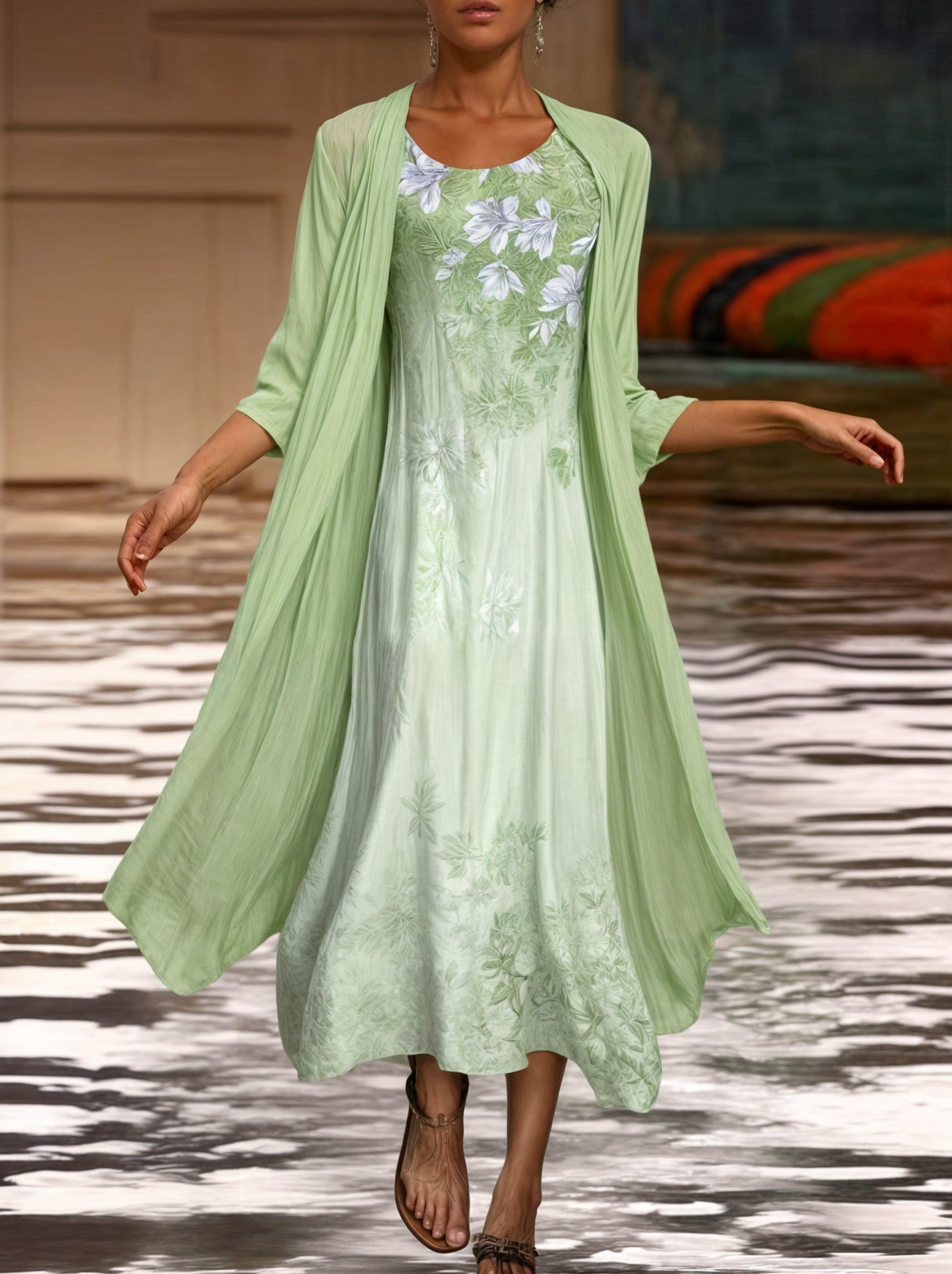 Kleid mit Blumenmuster | Knielang | Locker | Kurzarm | Rundhals-Grün-S-Luzern Mode