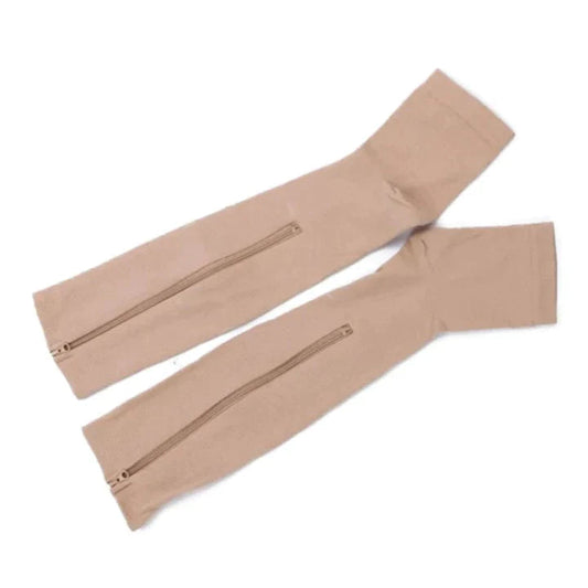 Beige Kompressionsstrümpfe mit Reißverschluss, Unisex, zur Schmerzlinderung in den Beinen.
