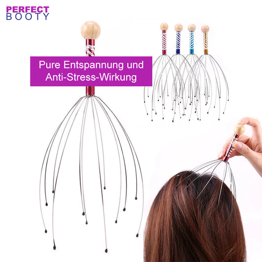 Kopfmassagegerät aus Metall mit Holzgriff, Stressabbau, Entspannung, Kopfhautmassage.