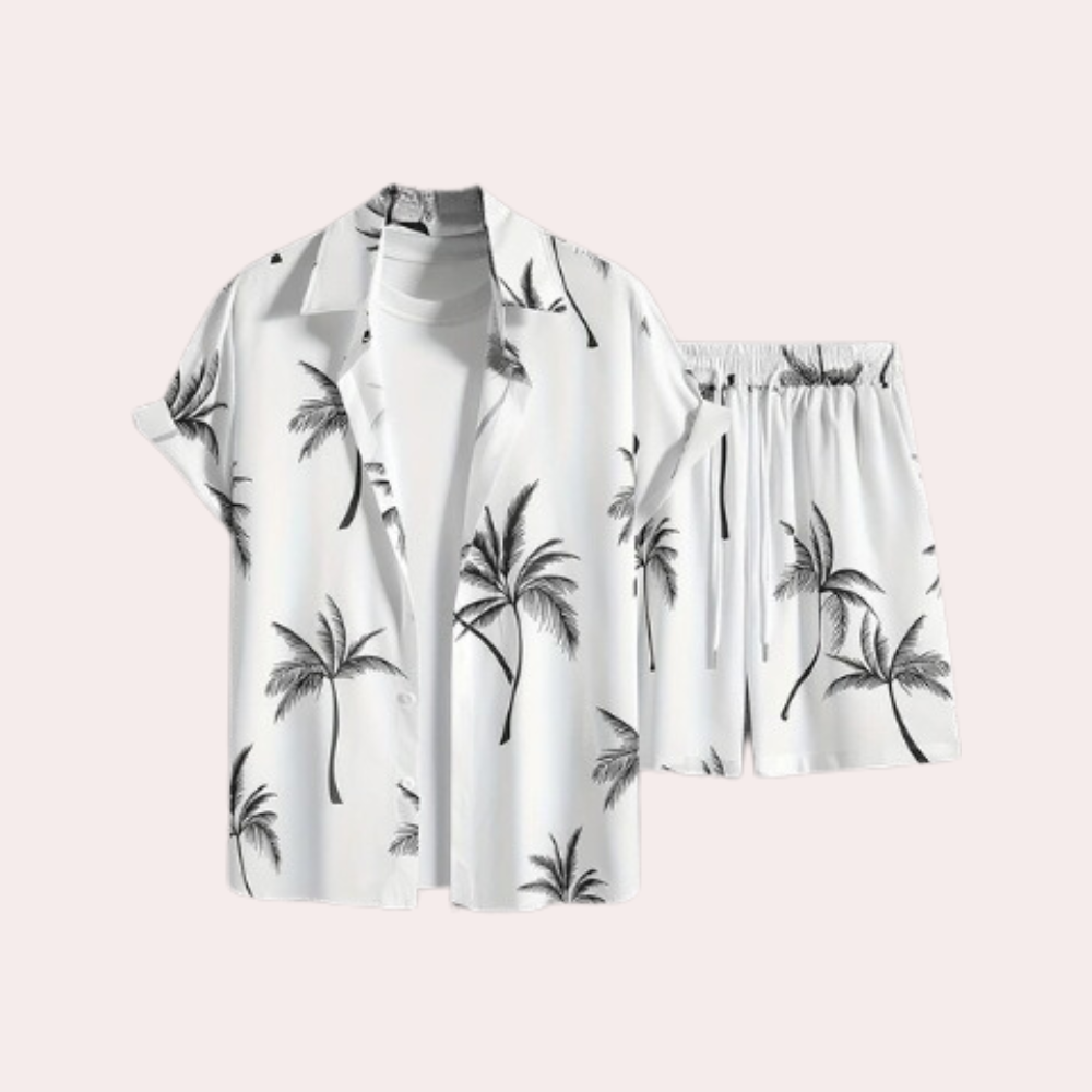 Herren Sommer-Set, weiß mit Palmenmuster, Kurzarmhemd und Shorts, Freizeitkleidung.