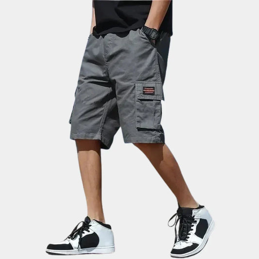 Herren Cargo Shorts | Baumwolle | Loose Fit | Elastischer Bund -Grau-S-Luzern Mode