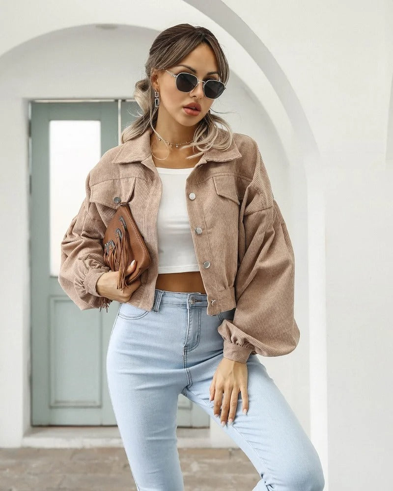 Damen Jeansjäckchen | Kurz | Langarm | Gepufften Ärmeln | Einfarbig-Khaki-S-Luzern Mode