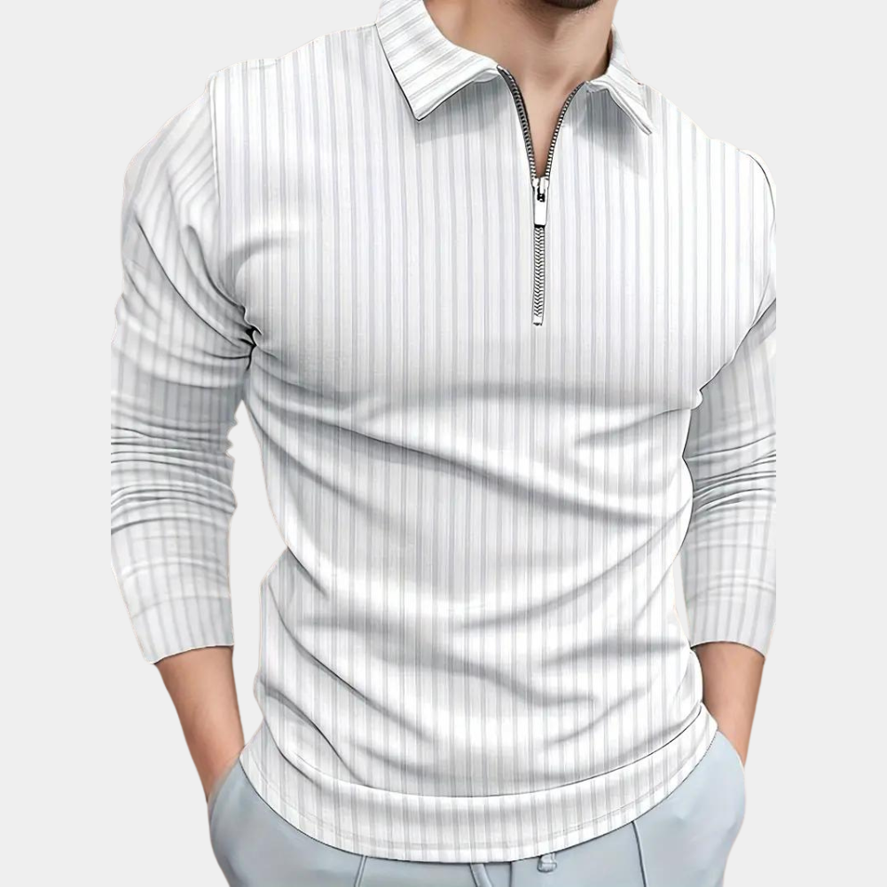 Weißes gestreiftes Herren-Poloshirt mit Reißverschluss, langärmelig, modisch, bequem.