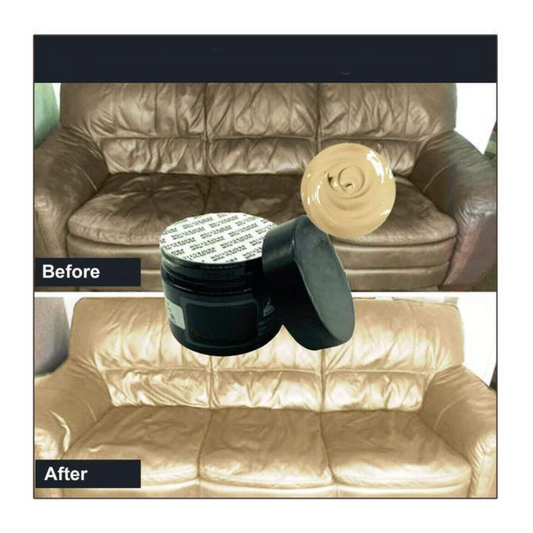 Lederreparaturcreme für Sofas, braun, Vorher-Nachher-Effekt, Ledersofa-Restaurierung.