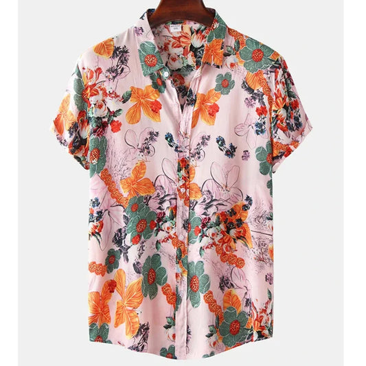 Tropenhemd Herren | Blumenmuster | leicht | atmungsaktiv | locker geschnitten | bunt-Rosa-Orange-S-Luzern Mode