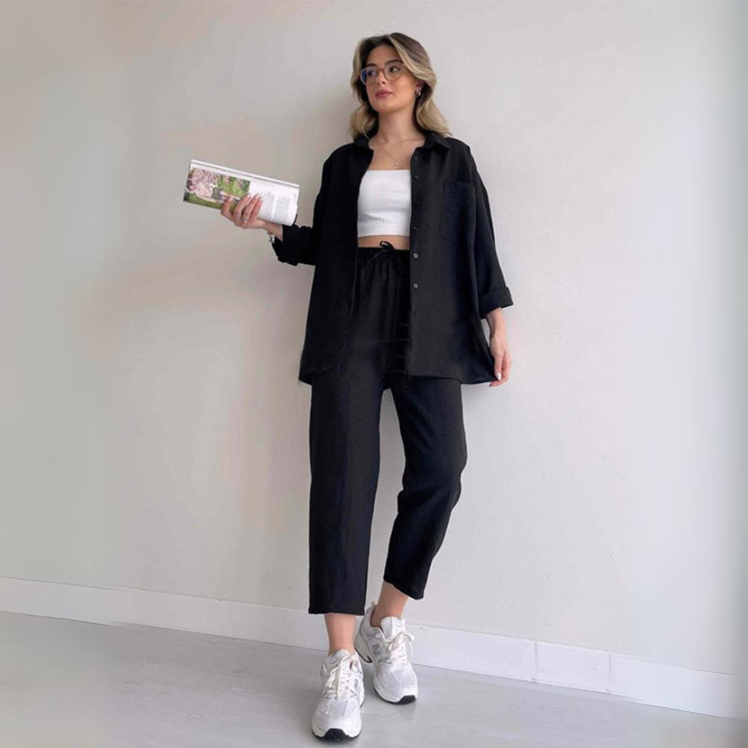Damen Outfit | Zweiteilig | Einfarbig | Lockere Schnitt | Bluse | Hose-Schwarz-S-Luzern Mode