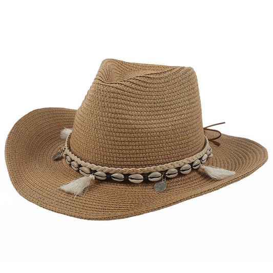 Sommerhut Damen | Mit Muscheln & Quasten | Leicht & Boho | Für Strand & Freizeit-Khaki-Luzern Mode