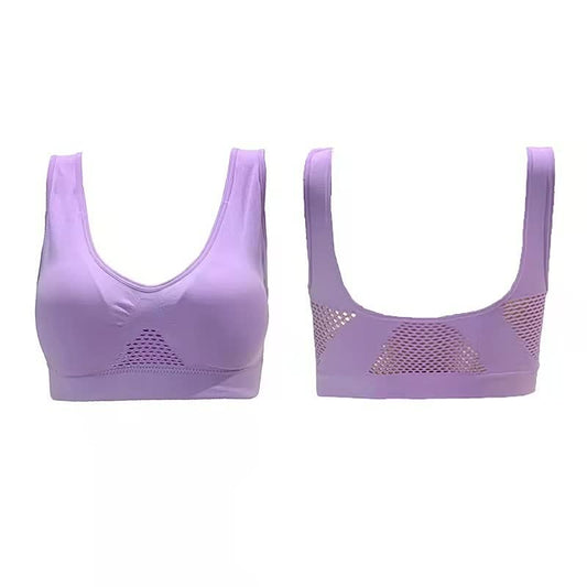 Lila Sport-BH Damen, atmungsaktiv, nahtlos, Fitness, Yoga, elastisch, Vorder- und Rückansicht.