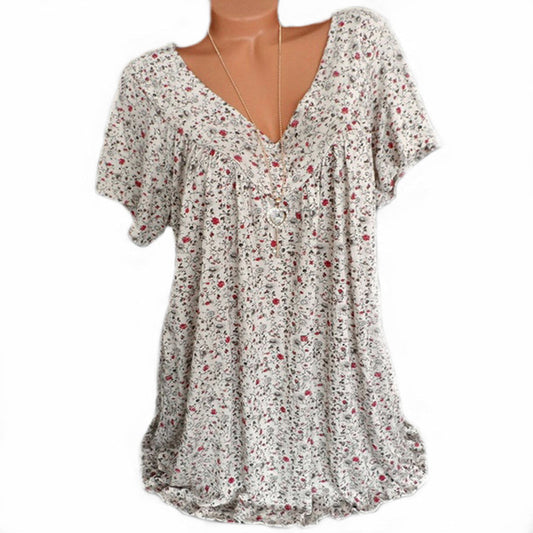 Lockeres, lässiges Damen T-Shirt mit V-Ausschnitt, Blumenmuster, kurzarm, weiß.