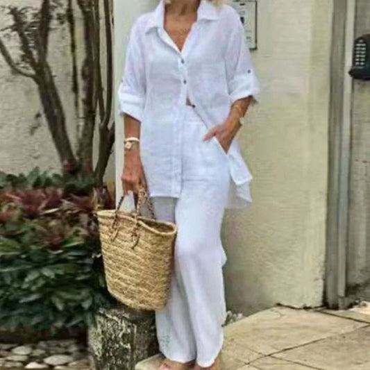 Oversized Set Damen Sommer | Bluse & weite Hose | Leinenmix | Luftig & stylisch-Weiß-S-Luzern Mode