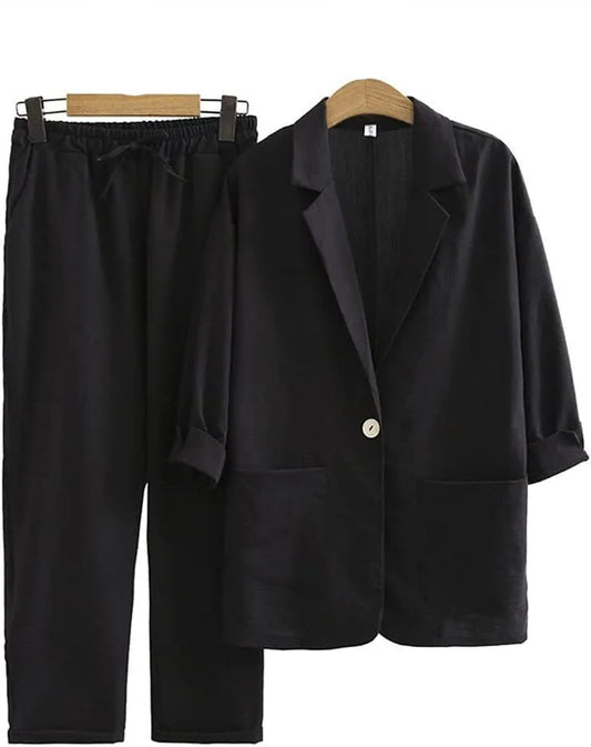 Zweiteiler Damen Sommer | Leinen Baumwolle | Lockerer Schnitt | Stylisch & luftig-Schwarz-S-Luzern Mode