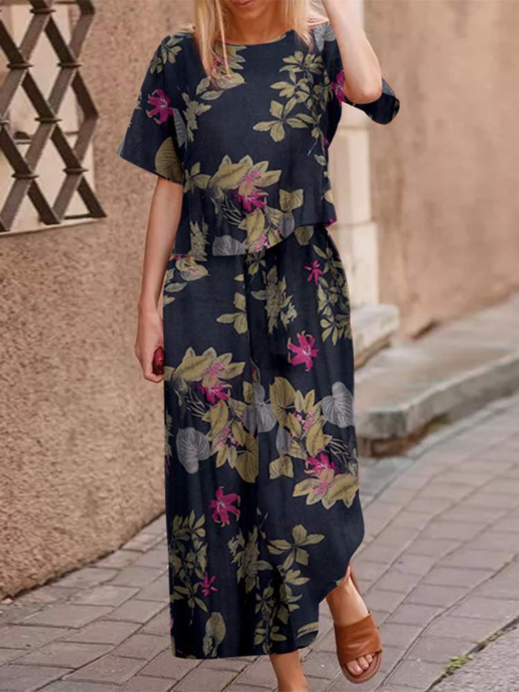Zweiteiler Damen Boho Set | Baumwolle Sommer Look | Locker & Figurbetont-Marineblau/Rosa-S-Luzern Mode