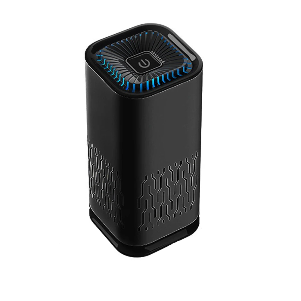 Schwarzer Luftreiniger mit blauem LED-Licht, modernes Design, tragbar, effizient.