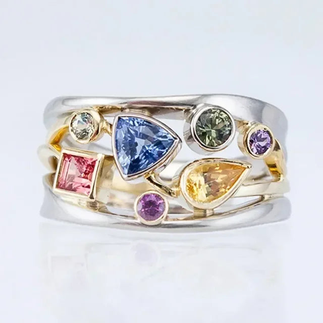 Silberner Vintage-Ring mit bunten Edelsteinen, Mondstein, Damen-Schmuck, luxuriöses Design.