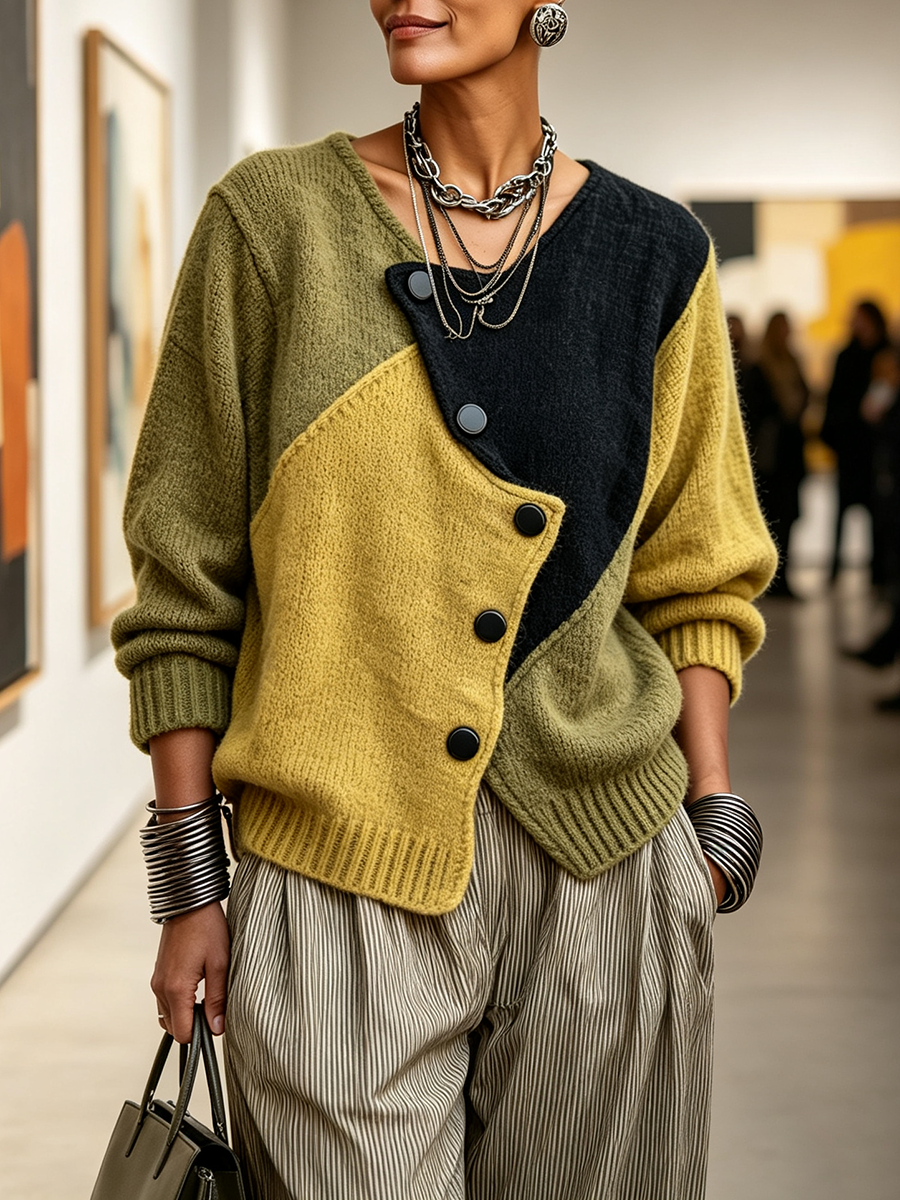 Model trägt den Strickpullover mit gestreifter weiter Hose und Handtasche in einer Galerie mit Kunstwerken im Hintergrund. 3